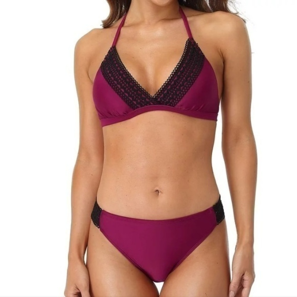 Red & black Halter Bikini Sets Lace Trim Low Waist Two Piece Swimsuit NEW
